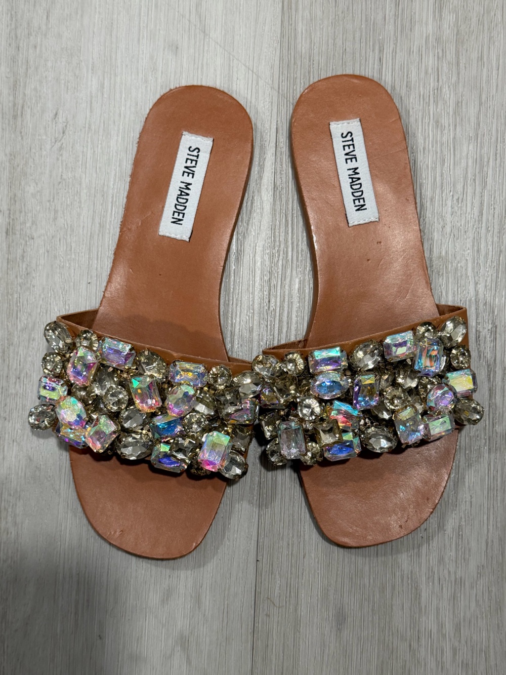 Steve Madden Tan Jeweled Slide Sandals